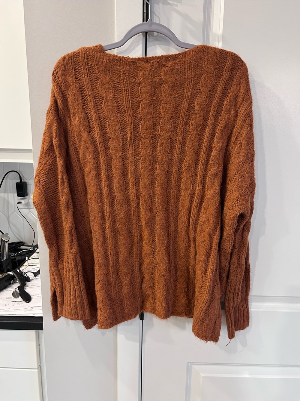 NWT Miracle Camel Rust Copper Cable Knit V-Neck Sweater Layering Cozy Oversized - Picture 6 of 10